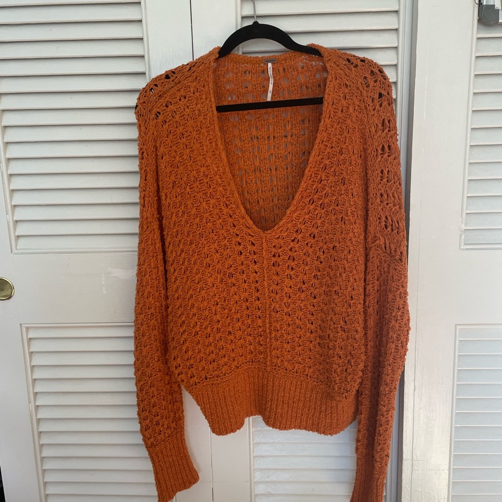 Free People V-Neck Sweater in Warm Orange